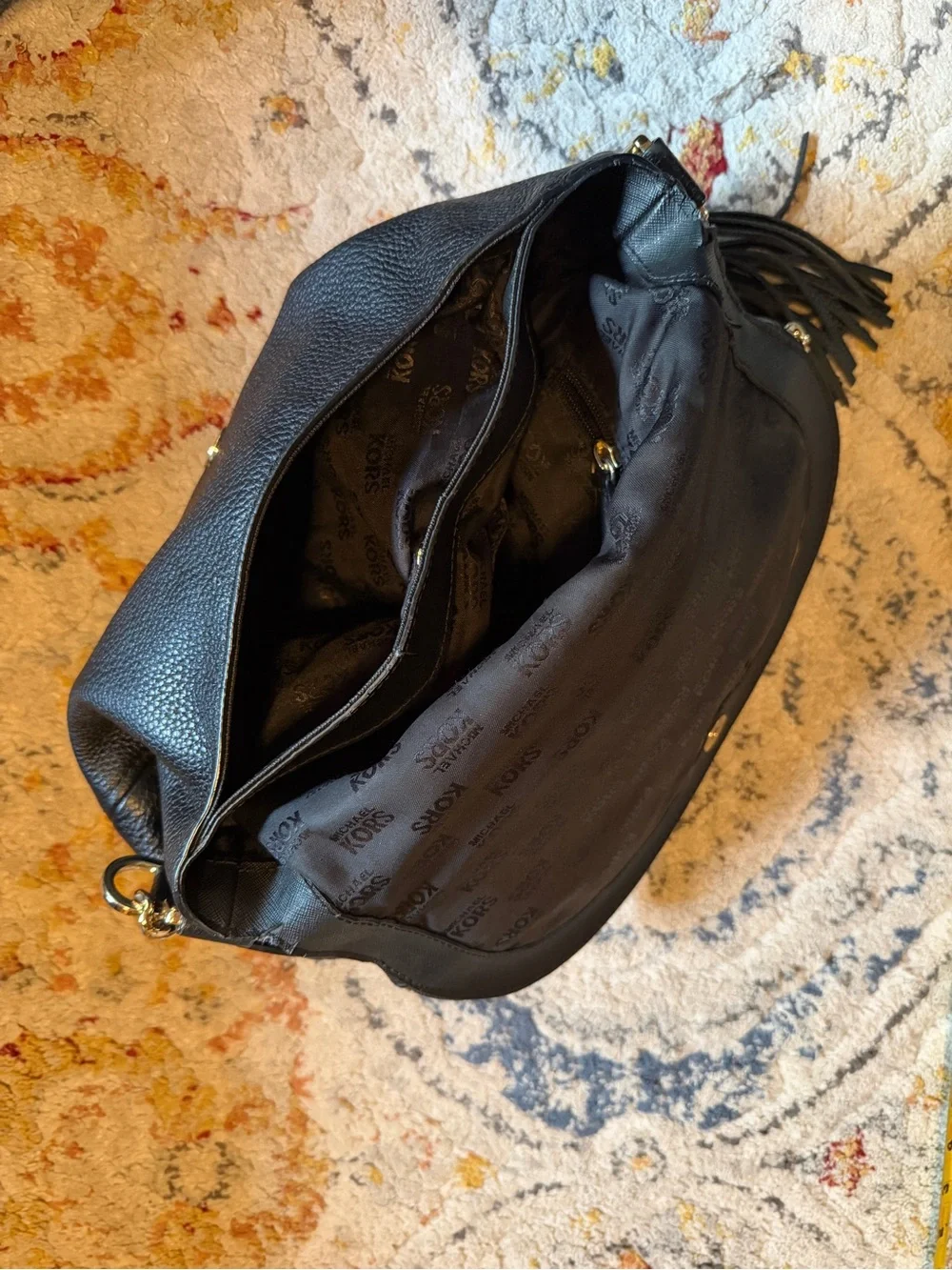 Michael Kors Black Pebbled Leather Shoulder Bag with Tassel